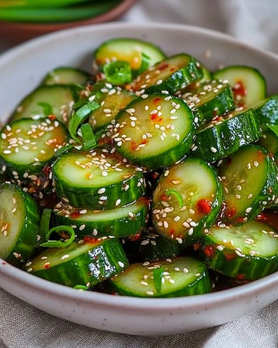 Asian spicy cucumber salad with vibrant vegetables and chili dressing.