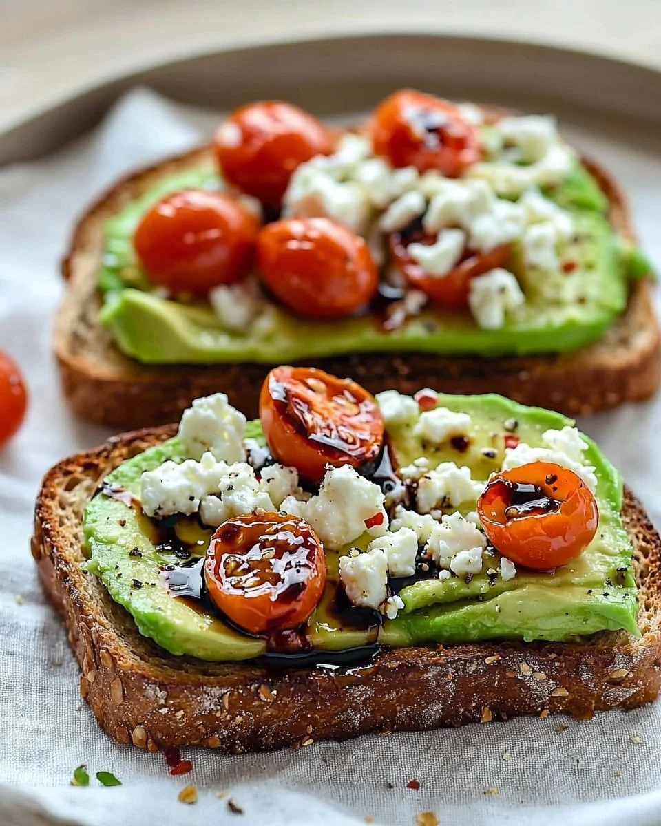 Avocado toast topped with feta cheese and cherry tomatoes on a rustic wooden board