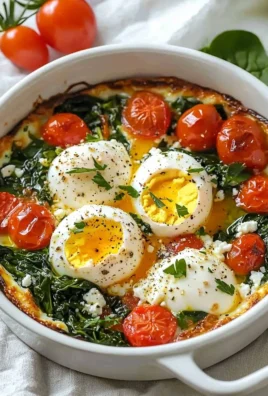 Baked feta eggs with tomatoes and spinach in a rustic dish.