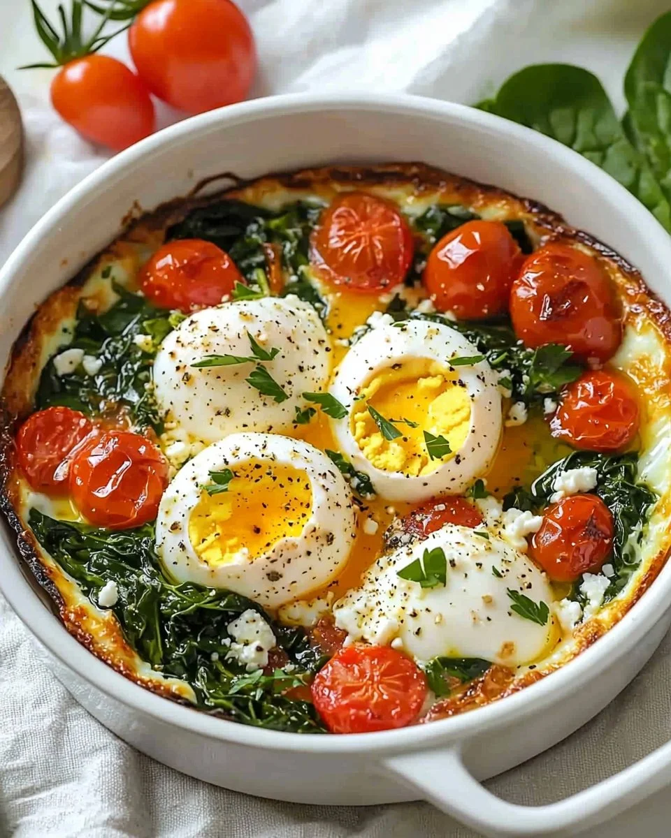 Baked Feta Eggs with Tomatoes and Spinach