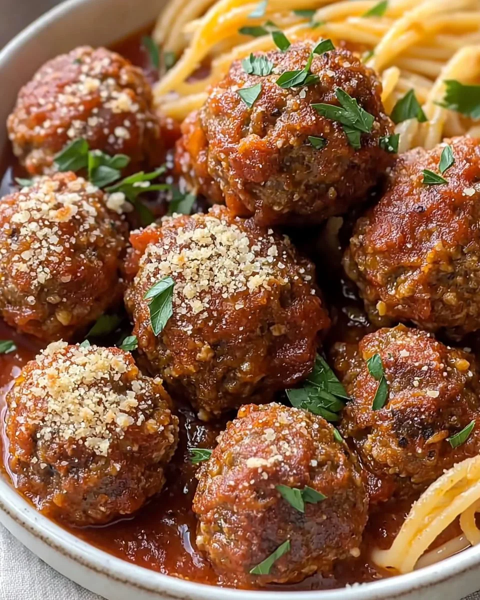 Delicious baked Italian meatballs served in a dish with marinara sauce and herbs.