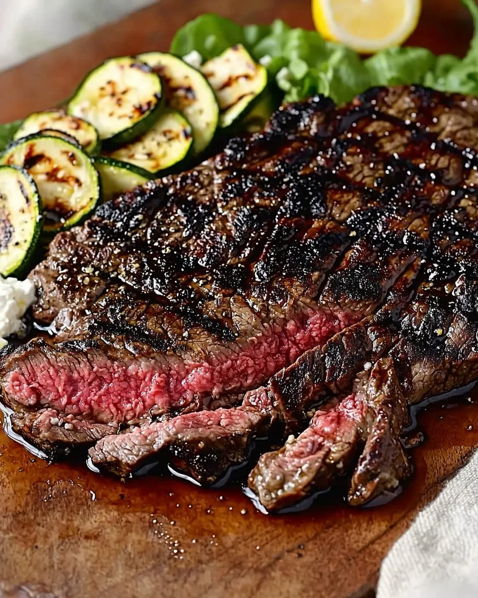 Balsamic Flank Steak with Grilled Zucchini and Creamy Whipped Feta