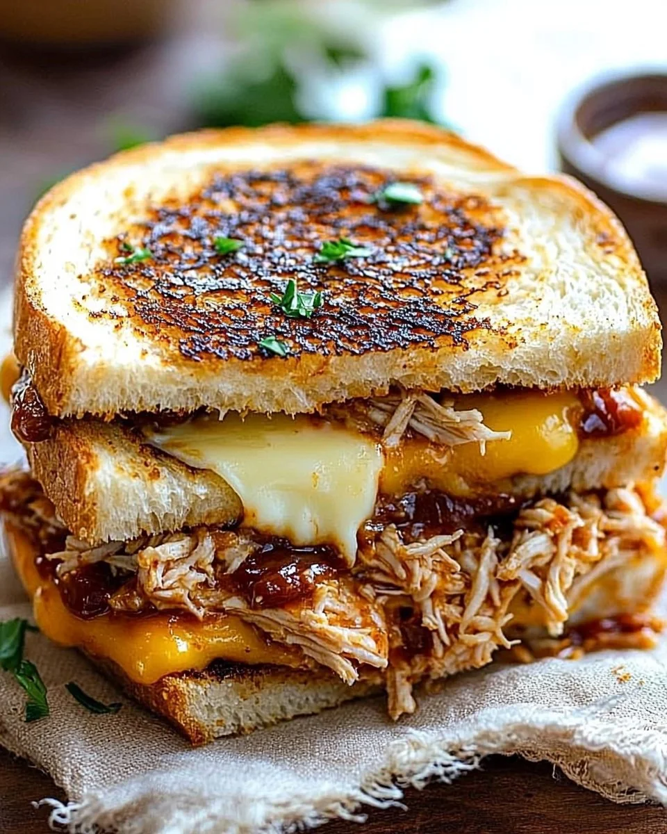 BBQ Chicken Grilled Cheese sandwich with melted cheese and BBQ sauce