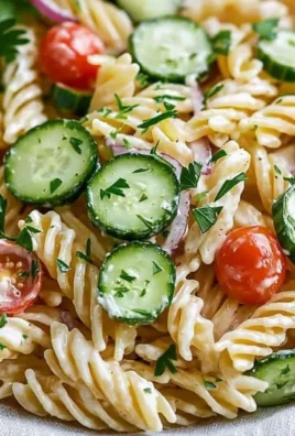 Delicious cucumber pasta salad with fresh vegetables and herbs