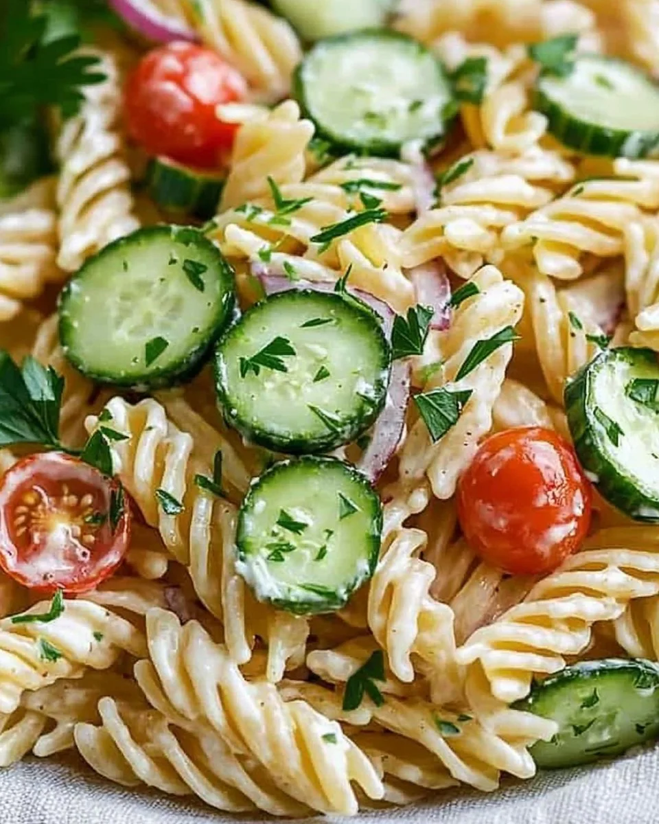 Delicious cucumber pasta salad with fresh vegetables and herbs