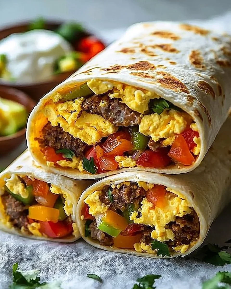 Scrumptious breakfast burritos filled with eggs, cheese, and veggies.
