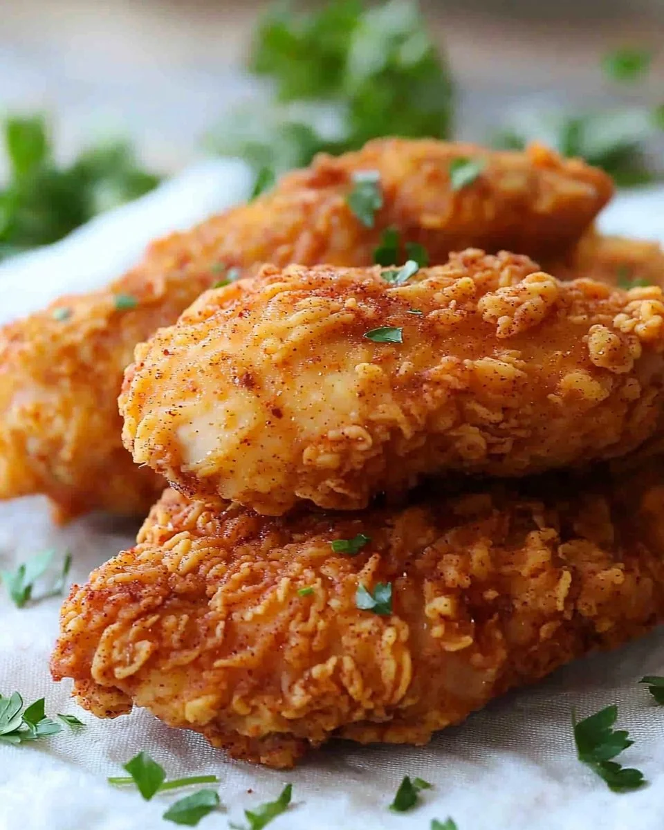Plate of buttermilk fried chicken breast, golden and crispy, served with sides.