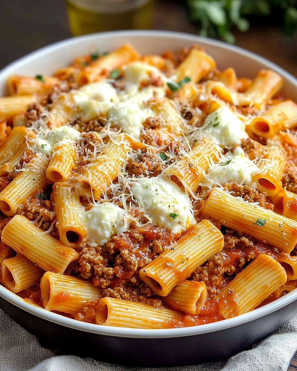 Cheesy baked rigatoni with ground beef topped with melted cheese and herbs