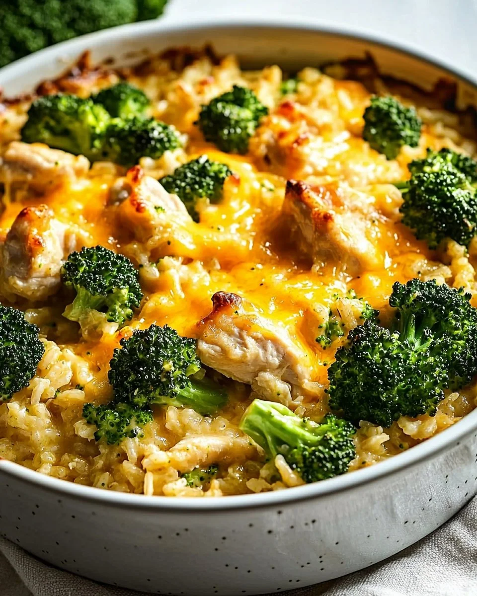 Cheesy broccoli chicken casserole with rice in a baking dish