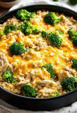 Cheesy chicken and rice casserole baked in a dish with golden top