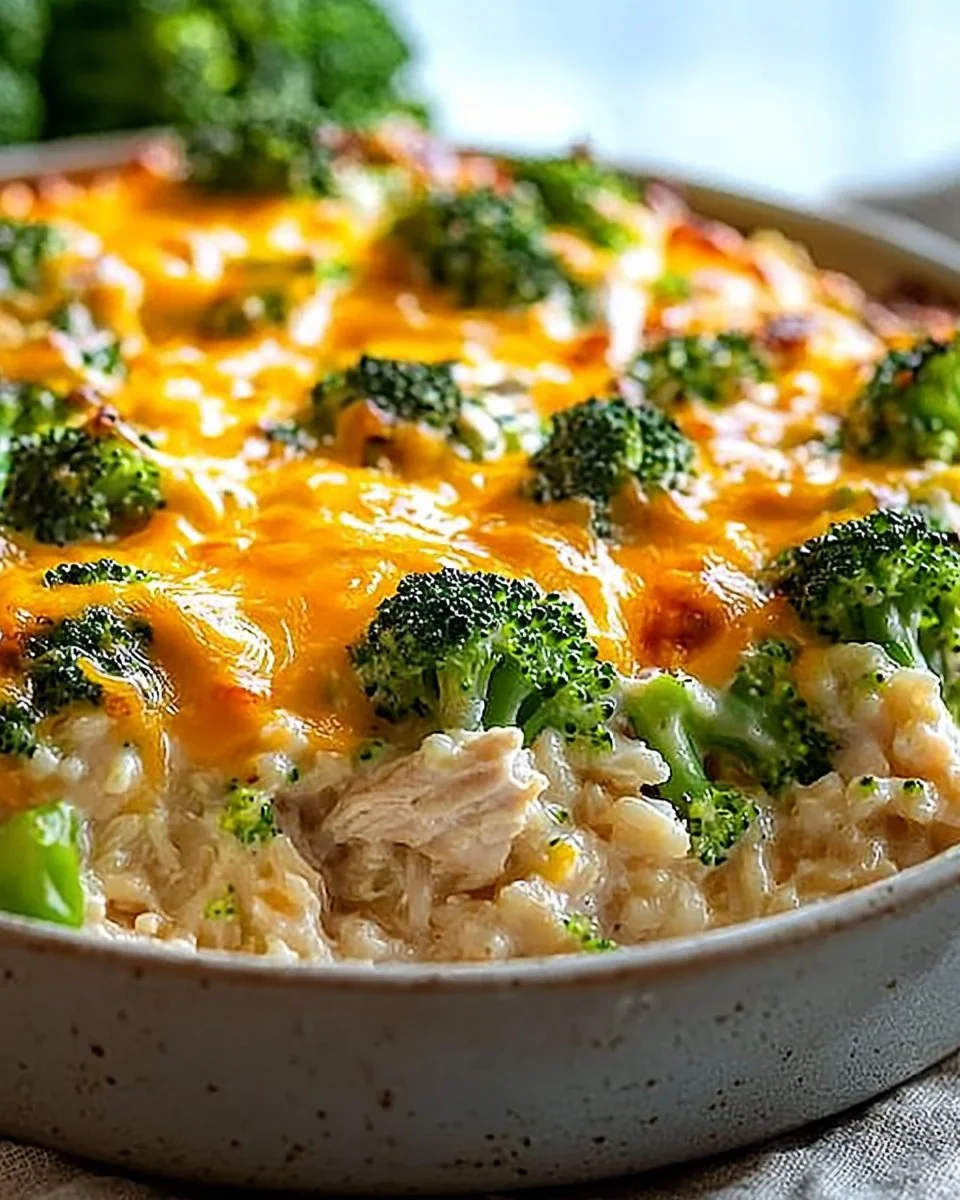 A hearty Chicken Broccoli Casserole with cheese and breadcrumbs served in a baking dish.