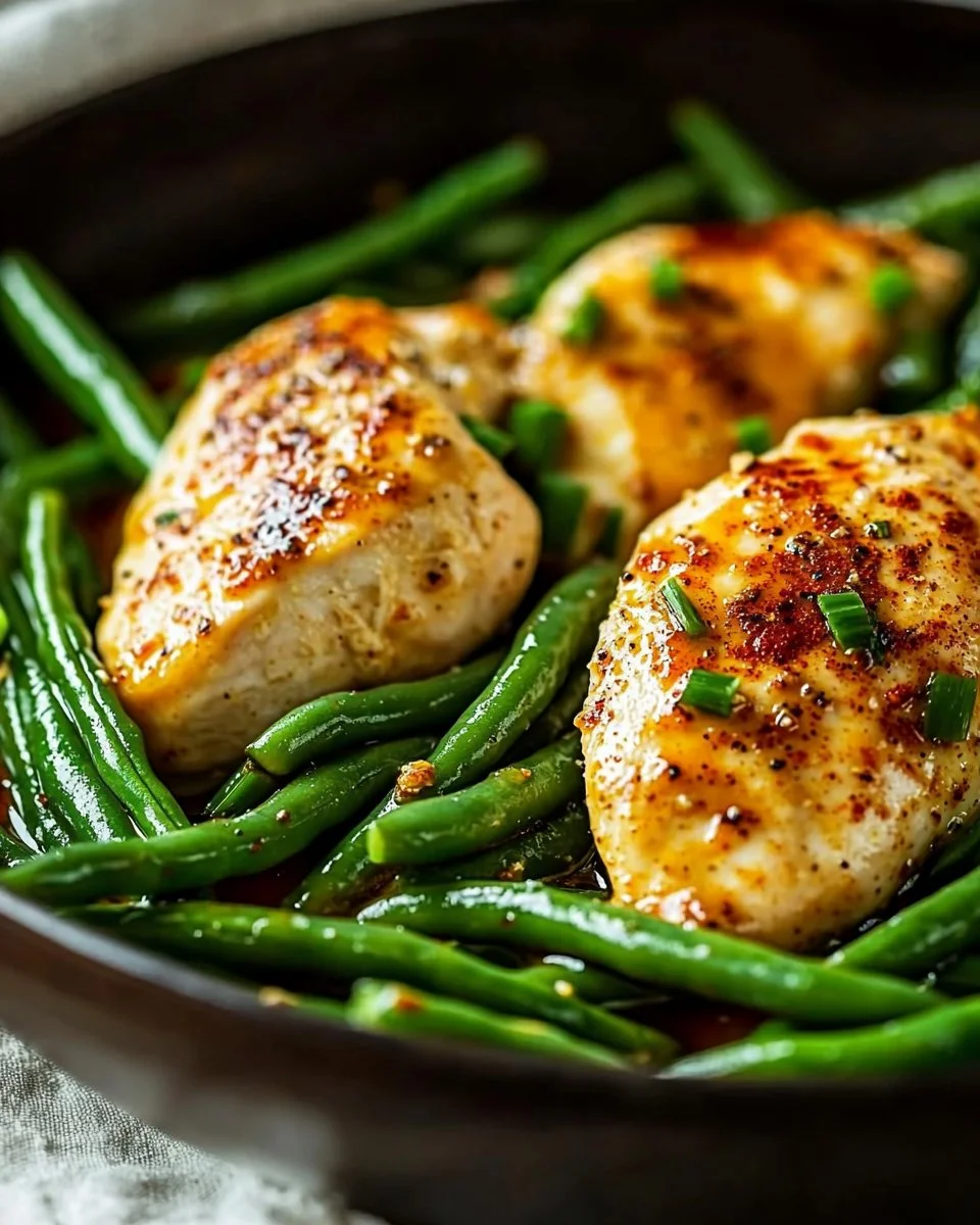 Healthy chicken breast served with fresh green beans on a plate