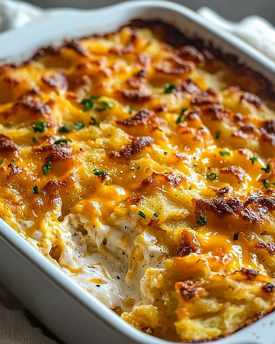 Delicious classic breakfast hashbrown casserole served in a dish