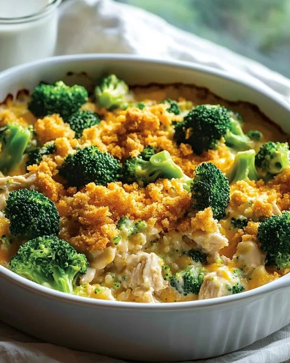 Contest-winning broccoli chicken casserole served in a baking dish