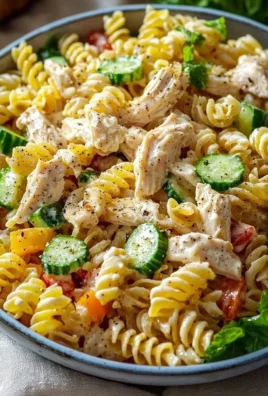 Creamy chicken pasta salad with vibrant vegetables in a bowl