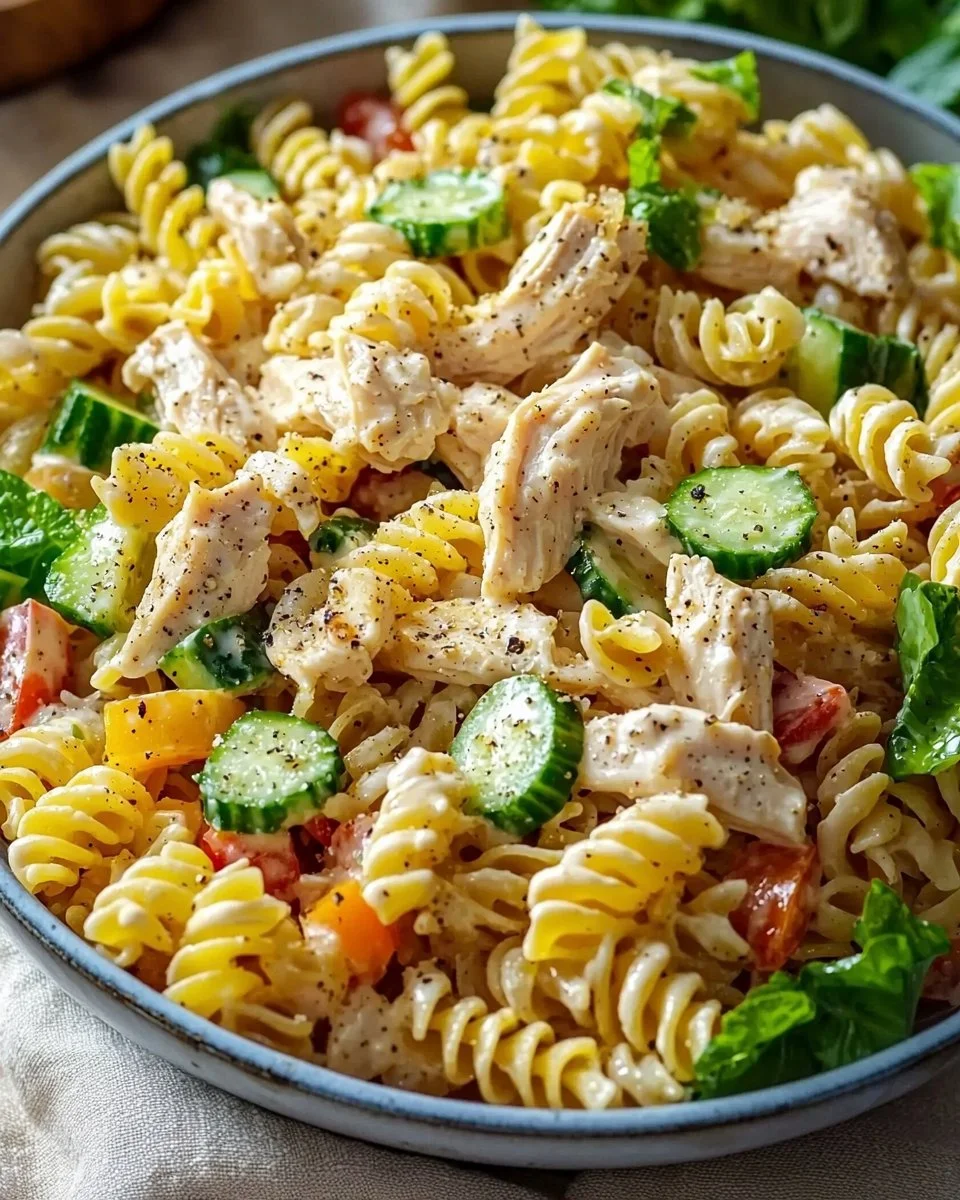 Creamy chicken pasta salad with vibrant vegetables in a bowl