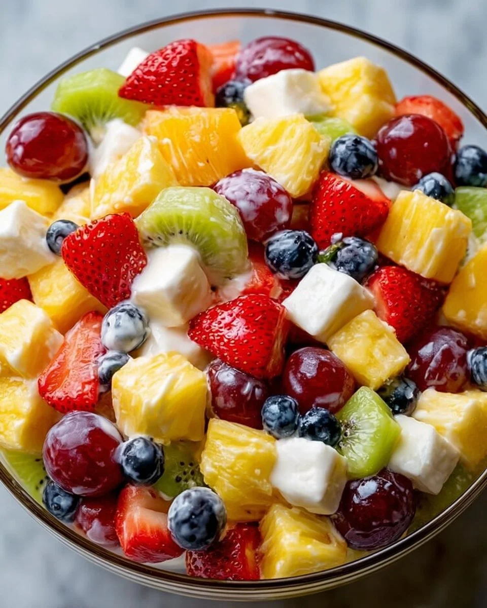 Creamy fruit salad with a variety of fresh fruits and a creamy dressing