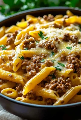 Creamy high protein beef pasta served in a bowl with herbs.