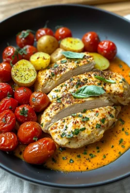 Delicious creamy tomato chicken breast served with herbs and pasta