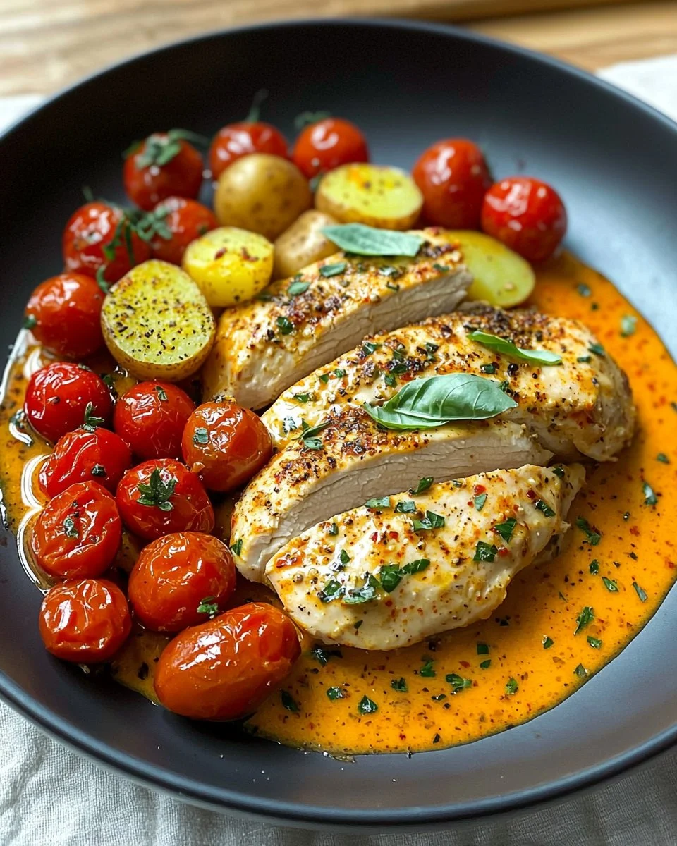 Delicious creamy tomato chicken breast served with herbs and pasta
