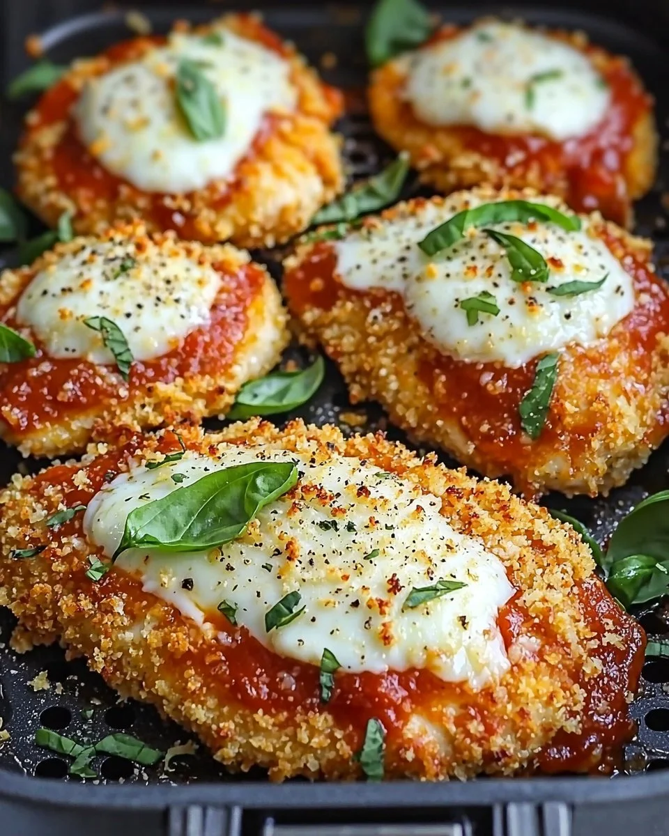 Crispy air fryer chicken parmesan plated with marinara sauce and cheese