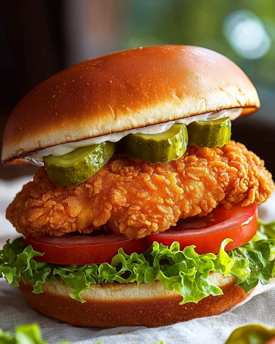 Delicious crispy chicken sandwich with fresh toppings served on a bun.