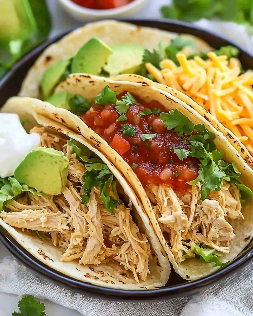 Delicious crockpot chicken tacos topped with fresh ingredients