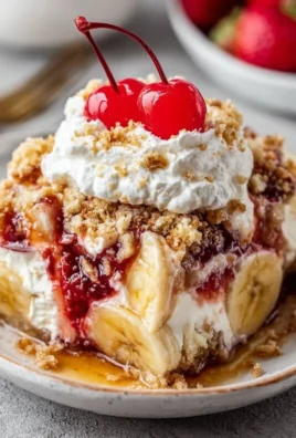 Delicious Easy Banana Split Dump Cake topped with banana slices and whipped cream