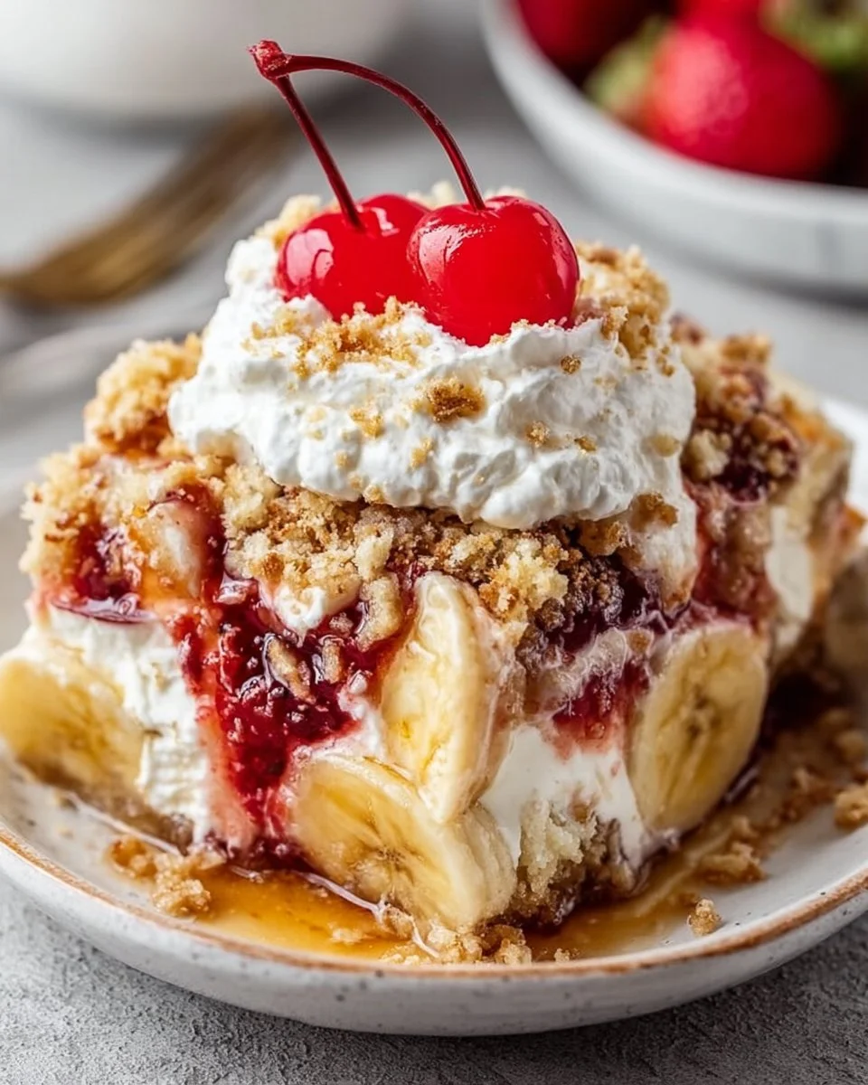 Delicious Easy Banana Split Dump Cake topped with banana slices and whipped cream