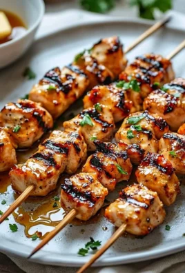 Easy grilled Asian chicken skewers with honey garlic sauce on a plate.