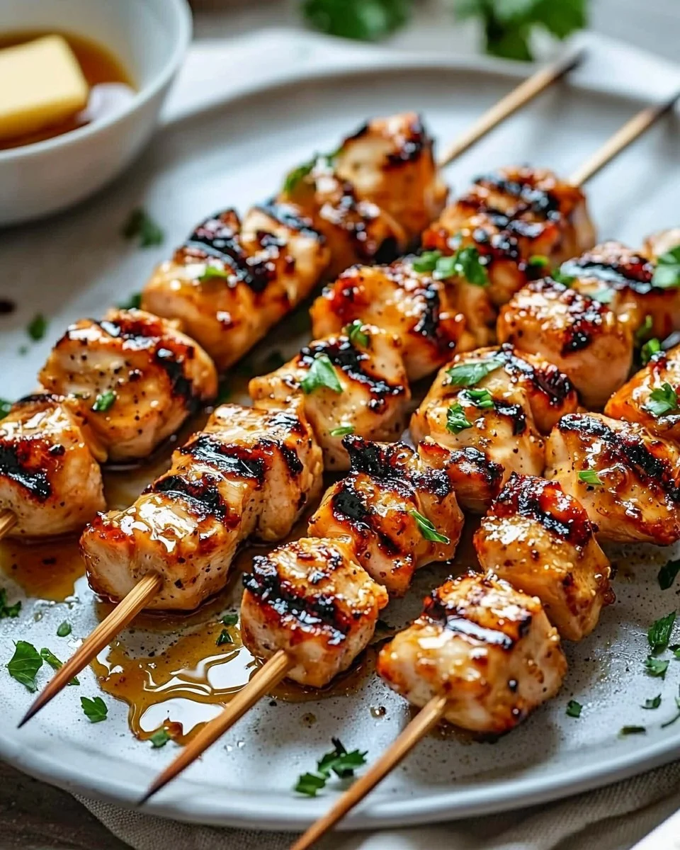 Easy grilled Asian chicken skewers with honey garlic sauce on a plate.