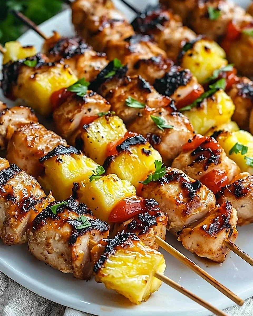 Juicy Hawaiian Chicken Kabobs served on skewers with colorful vegetables