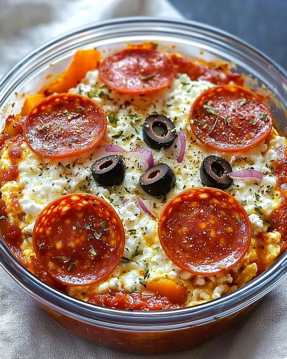 High protein cottage cheese pizza bowl topped with fresh ingredients