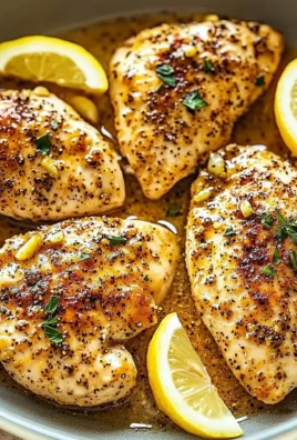 Plate of easy lemon pepper chicken served with herbs and lemon slices
