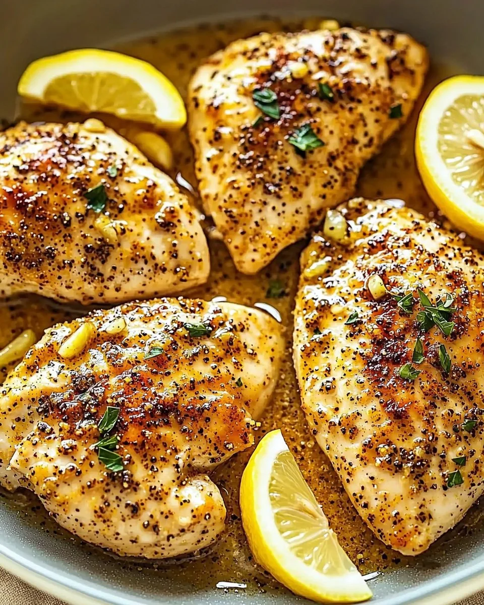 Plate of easy lemon pepper chicken served with herbs and lemon slices
