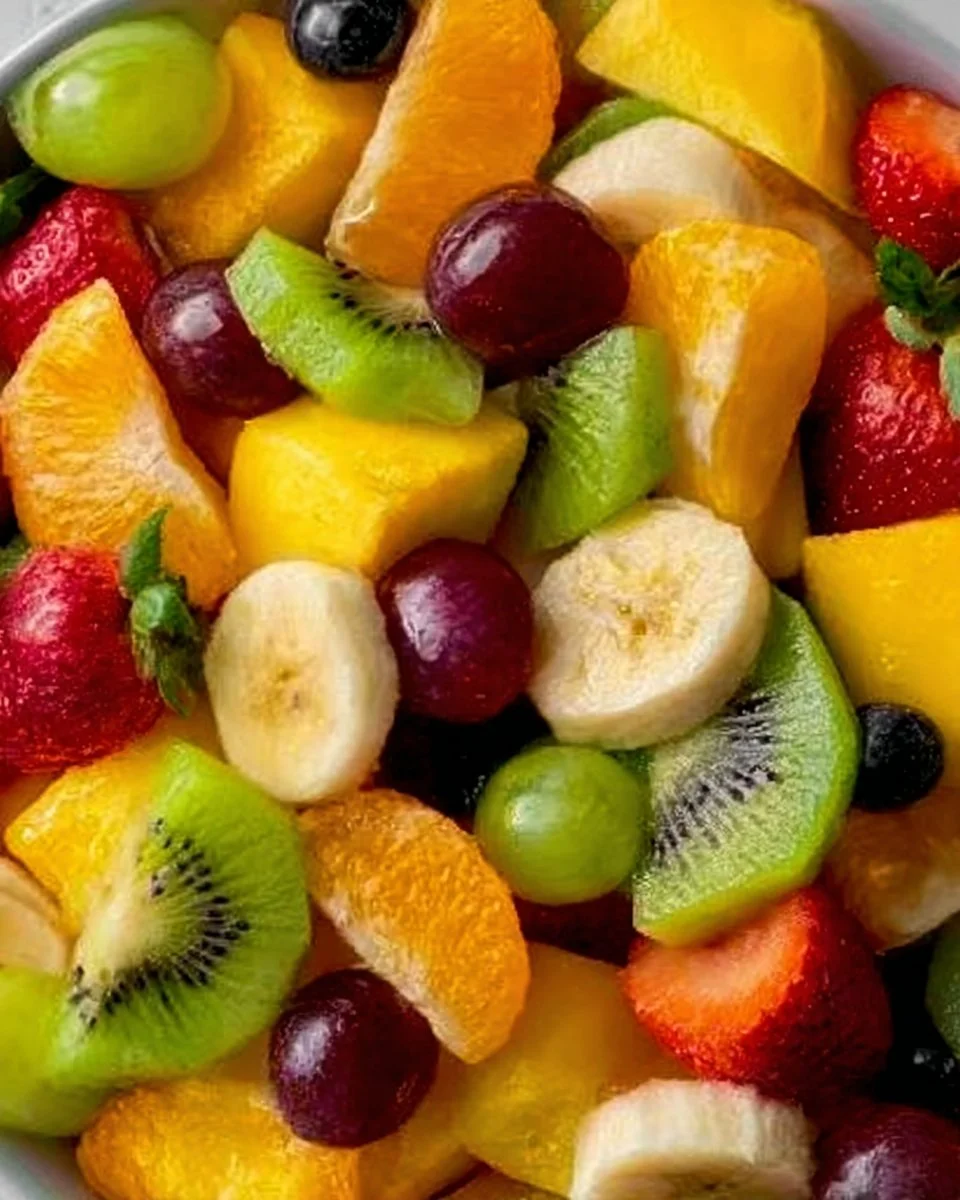 Colorful bowl of fresh fruit salad with a variety of fruits