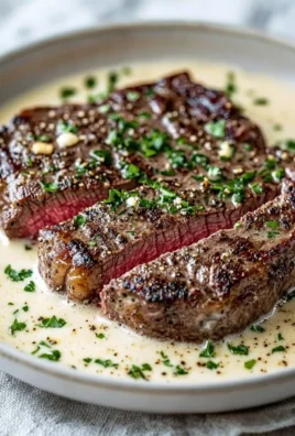 Garlic Butter Steak topped with creamy Parmesan sauce, served on a plate