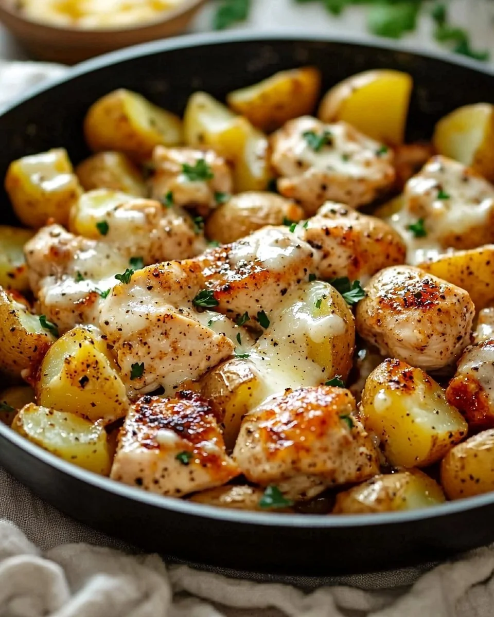 Garlic Parmesan Chicken and Potatoes Skillet for a delicious weeknight meal