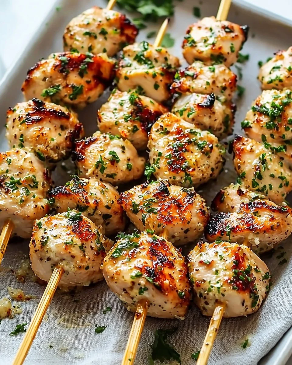 Garlic-Parmesan Chicken skewers grilled to perfection.
