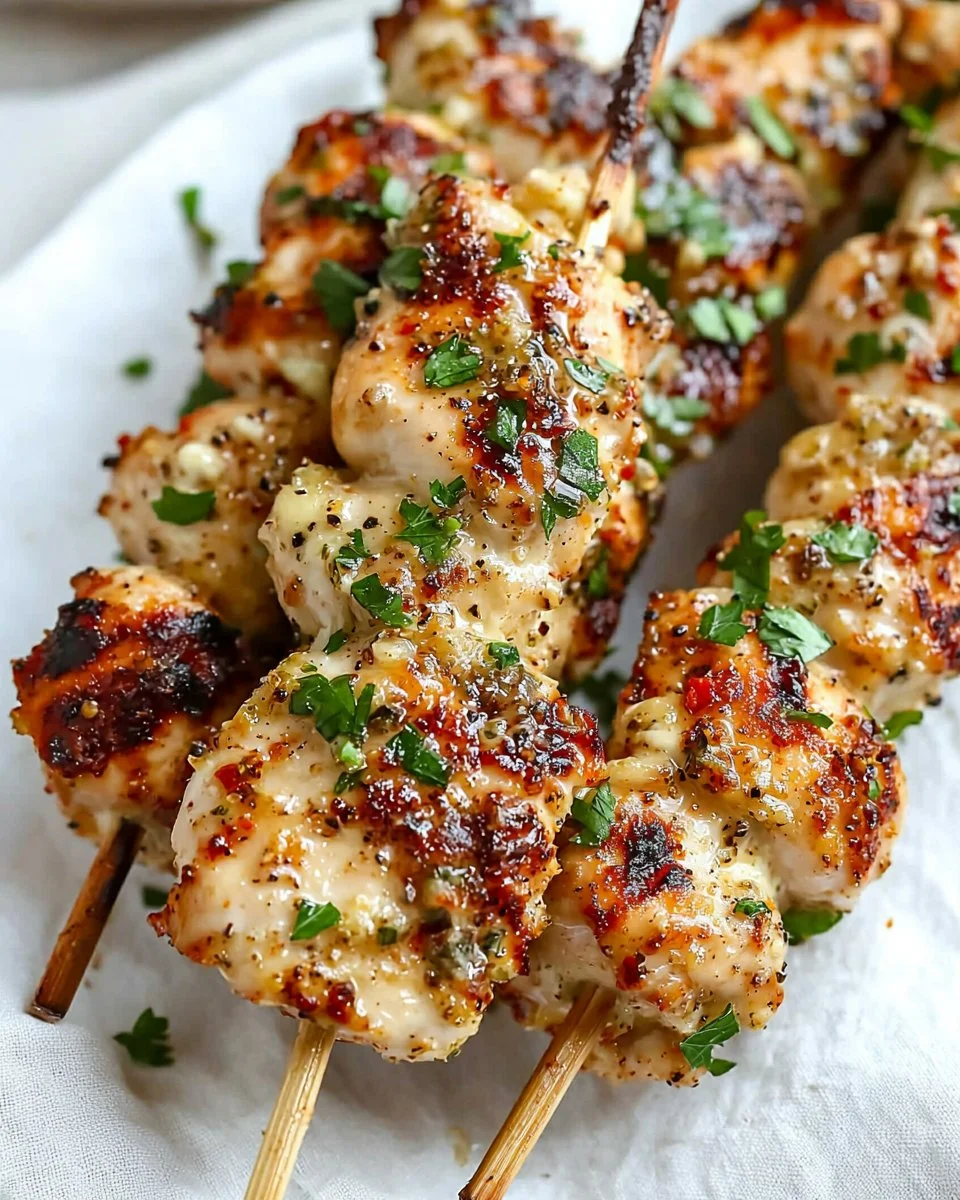 Delicious Garlic Parmesan Chicken Skewers on a grill plate