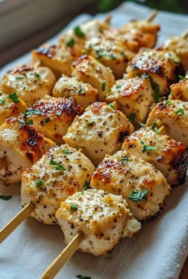 Garlic Parmesan Chicken Skewers on a grill with herbs and spices