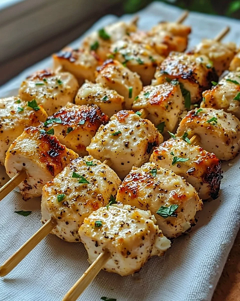 Garlic Parmesan Chicken Skewers on a grill with herbs and spices