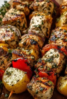 Greek marinated chicken kabobs on a grill with colorful veggies
