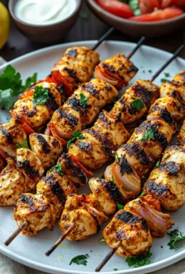 Delicious grilled chicken skewers served on a platter with vegetables.