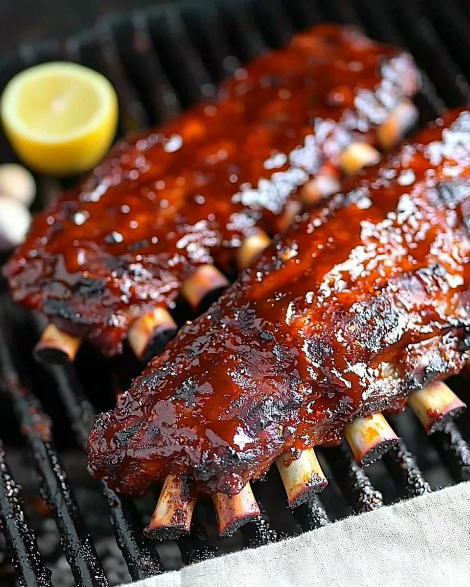 Succulent grilled ribs coated in a delicious BBQ sauce served on a plate