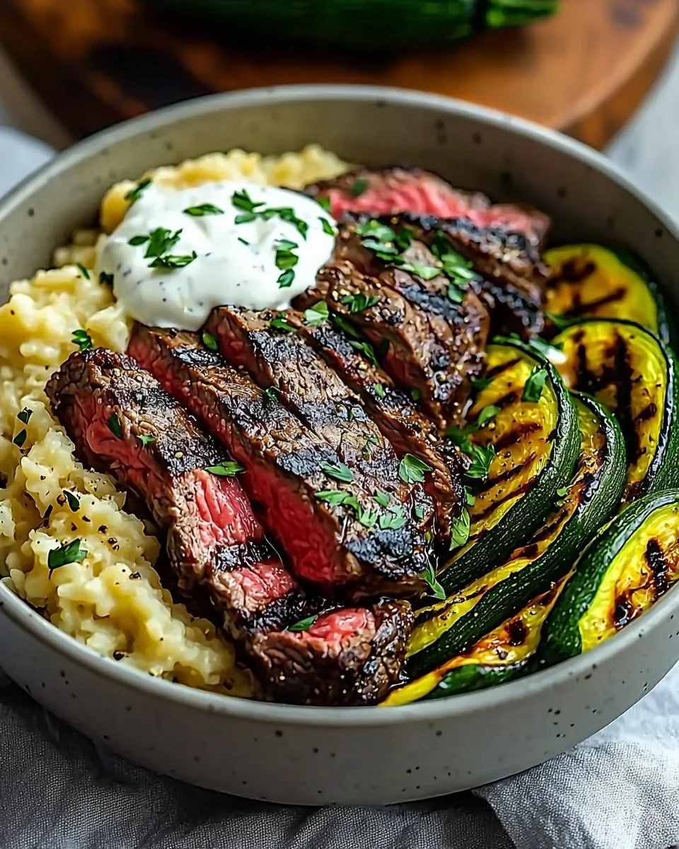 Grilled Steak Bowl with Sauce & Grilled Zucchini Bliss