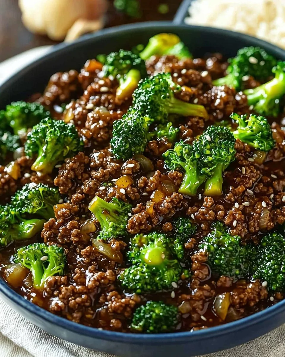 A plate of ground beef and broccoli stir-fry with vibrant vegetables