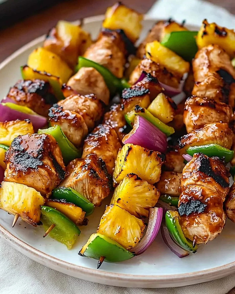 Delicious Hawaiian Chicken Kebabs on skewers served with colorful vegetables