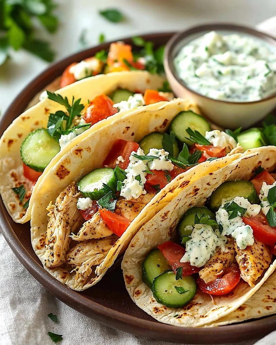 Delicious Healthy Mediterranean Chicken Tacos served with fresh ingredients