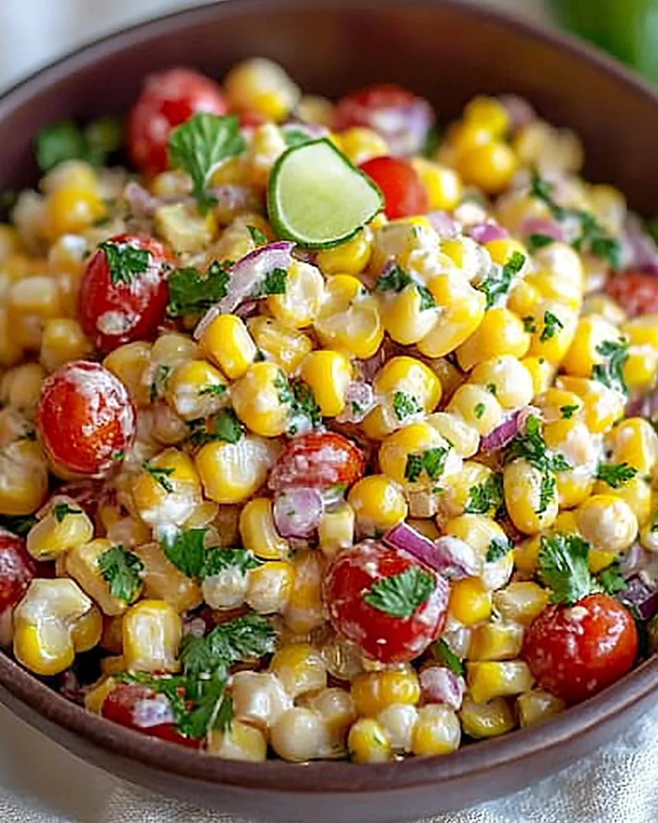 Healthy street corn salad featuring corn, Greek yogurt, and fresh herbs.
